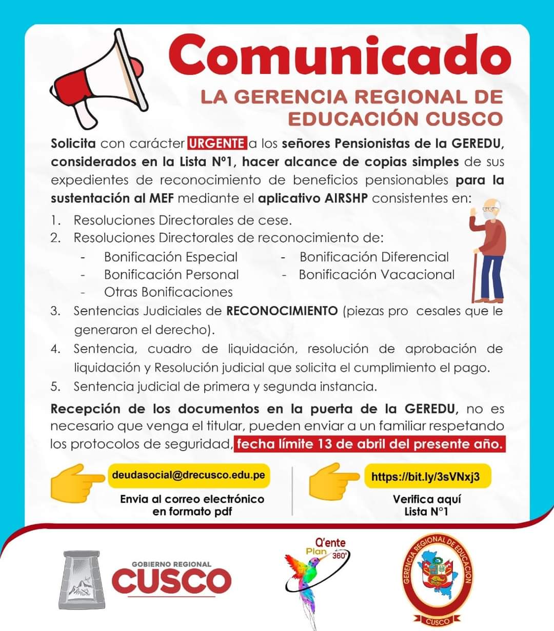 COMUNICADO URGENTE - GERENCIA REGIONAL DE EDUCACION CUSCO